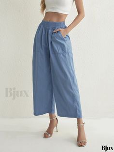 Bjux - Vintage Blue Wide Leg Denim Pants with Elastic Waistband and Large Slash Pocket - Womens Stylish Denim Jeans & Apparel Medium Wash Summer Pants With Pockets, Summer Medium Wash Pants With Pockets, High Rise Jeans With Elastic Waistband For Summer, Light Wash Jeans With Elastic Waistband For Summer, Light Wash Summer Jeans With Elastic Waistband, Summer Washed Blue Jeans With Elastic Waistband, Washed Blue Pants With Elastic Waistband For Summer, Summer Jeans With Elastic Waistband In Washed Blue, Summer Light Wash Jeans With Elastic Waistband