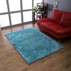 a living room with a red couch and blue rug on the wooden floor next to a window