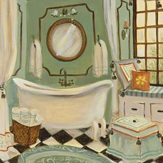 a painting of a bathroom with green walls and checkered flooring on the floor