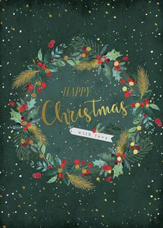 a christmas wreath with the words happy christmas written in gold lettering on it and green background