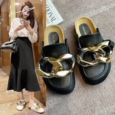 Womens Gold Chain Up Casual Summer Slippers Chain Design Women, Womens Gold Chain, Big Gold Chains, Casual Summer Slippers, Chanel Iphone Case, Cheap Slippers, Women Slippers Fashion, Gold Chain Design, Summer Slippers