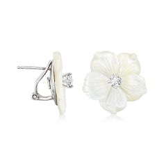 Ross-Simons - Italian Mother-of-Pearl, .40ct t. w. Cubic Zirconia Flower Earrings in Silver. This beautiful pair of earrings will cast an angelic aura over your entire ensemble. Made in Italy, the 20x20mm mother-of-pearl carved flowers are sparked with radiant .40 ct. t. w. round brilliant-cut CZs at their centers. Crafted in sterling silver. Clip/post, CZ and mother-of-pearl flower earrings. Pearl birthstones are the perfect gift for June birthdays. Elegant Flower Shaped Mother Of Pearl Earrings, Elegant Mother Of Pearl Flower Earrings For Weddings, Formal White Sterling Silver Flower Earrings, Elegant Flower-shaped Mother Of Pearl Earrings, Formal Flower Shaped Clip-on Jewelry, Elegant Mother Of Pearl Flower Earrings, Classic White Flower Earrings For Formal Occasions, Elegant Sterling Silver Flower Clip-on Earrings, Pearl White Flower Shaped Earrings For Formal Occasions