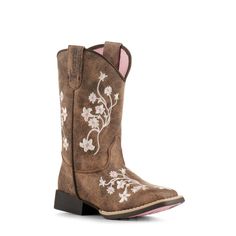 Twister girls brown faux leather boots with ​an allover white floral embroidery. These boots also feature a square toe, removable insole and an EVA outsole. Mini Cowgirl Boots, Mexican Botas, Baby Cowboy Boots, Brown Cowgirl Boots, Embroidery Square, Square Toe Cowboy Boots, Lily Brown, White Floral Embroidery, Alligator Boots