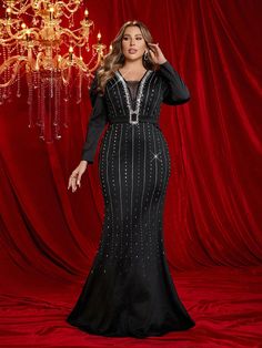 Plus Size Elegant Gorgeous Black Heavy Diamante Splicing Sateen Luxury Rhinestone Embellished Deep V Neck Lamb's Leg Sleeve Fishtail Dress Heavy Evening Gowns Black Glamorous  Long Sleeve Knitted Fabric Colorblock,All Over Print Bodycon High Stretch  Weddings & Events, size features are:Bust: ,Length: ,Sleeve Length: Lamb Leg, Smocked Skirt, Fishtail Dress, Leg Sleeves, Medieval Fashion, Evening Dresses Elegant, Womens Tights, Long Sleeve Maxi, Formal Gowns