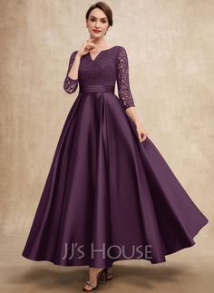 A-line V-Neck Ankle-Length Lace Satin Mother of the Bride Dress With Rhinestone (008269042) - JJ's House Satin Bridesmaid Dresses With Sleeves, Convocation Outfit, Bride Silhouette, Stylish Gown, Lace Bride, Ankle Length Dress, Dress With Sleeves, Mothers Dresses