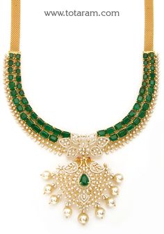 18 Karat Gold '3 in 1'  Peacock Diamond Necklace with South Sea Pearls & Color Stones
  This Product has a Detachable Pendant which can be used as a separate Pendant with most Chains 
  This Product has Inter Changeable Stones in the Necklace
  Length of the Pendant : 2.60 inches
  Width of the Pendant : 2.70 inches 
   - 235-DN307 - in 93.950 Grams for USD $13105.09. 
Made in India by Totaram Jewelers Online this product is in Gold - 18 Karat Gold  & is an excellent gift for Adult - Wom Elegant Green Bridal Necklace With Peacock Design, Elegant Green Necklace With Peacock Design, Detachable Pendant, Vvs Diamond, Color Stones, Gold Jewelry Indian, South Sea Pearls, Sea Pearls, Pearl Color