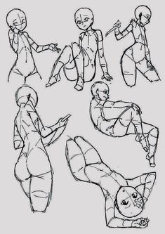 some sketches of people doing different poses for the character's head and body,