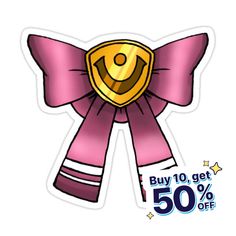 a pink bow with a smiley face on it and the words buy 10 get 50 % off