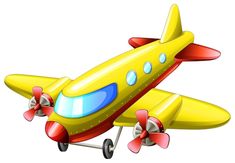 a yellow airplane with red propellers flying in the sky on a white background, it appears to be an illustration