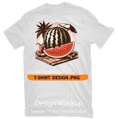 a white t - shirt with watermelon and palm trees on it, that says design mockup