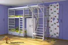 a room with bunk beds, ladders and climbing wall for children's play