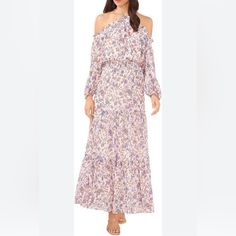 An Enchanting Floral-Print Maxi Dress Framed By Cold-Shoulder Sleeves Flatters With A Smocked Waist And A Flowy, Tiered Silhouette. Halter Neck Cold-Shoulder Long Sleeves 100% Polyester Machine Wash, Line Dry Sheer Sleeves Keyhole Back 100% Polyester Approximate Measurements (Taken Flat): Length (From Shoulder)- 51 Inches Waist- 20 Inches (Has Stretch) Pit To Pit- 23 1/2 Inches *The Lighting Washes The Color Out A Little But It Is A Light Pink ** It Has A Tiny Run On The Front (See Last Photo) N Lavender Long Sleeve Maxi Dress For Summer, Spring Mauve Maxi Dress With Floral Print, Feminine Purple Long Sleeve Maxi Dress, Purple Off-shoulder Dress For Vacation, Summer Off-shoulder Purple Maxi Dress, Purple Off-shoulder Spring Dress, Purple Off-shoulder Dress For Spring, Purple Maxi Dress For Spring Brunch, Flowy Purple Maxi Dress For Brunch