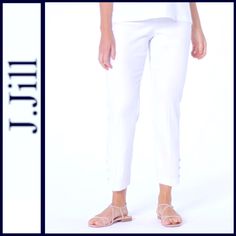 Nwt J. Jill Linen Stretch Button-Hem Ankle Pant Sz M Concealed Side Zipper Closure Elasticized Back Waistband Flat Front Button Gem Detail Relaxed Fit Back Darts Lightweight Slim Leg Waist Measures Approx 16” Across Rise Approx 10” Inseam Approx 26” White Linen/Viscose/Spandex Orig.$79 White Pants With Button Cuffs For Work, Fitted Summer Pants With Button Cuffs, White Bottoms With Button Cuffs For Spring, Spring White Bottoms With Button Cuffs, Fitted Summer Pants With Buttons, Fitted Pants With Button Cuffs For Spring, Fitted White Pants With Buttons, White Fitted Pants With Buttons, Stretch Pants With Button Closure For Summer