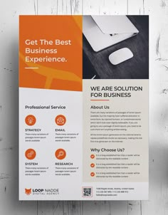 an orange and white business flyer is displayed on a wooden background with the words,'get the best experience we are solution for business