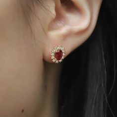 Add A Touch Of Elegance To Any Outfit With Our Delicate Earring Studs, Crafted With Lab Grown Diamonds And Beautiful Oval Cut Rubies. Delicate Earring, Ruby And Diamond Earrings, Red Gemstones, Earring Studs, Affordable Jewelry, Delicate Earrings, Lab Diamonds, Gold Style, Cut And Color