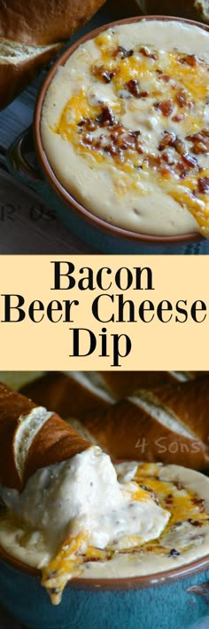 bacon beer cheese dip in a blue bowl with bread on the side and text overlay that reads bacon beer cheese dip