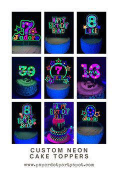 neon birthday cake toppers with the number nine on them and stars in the background