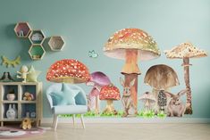 a child's room with various mushrooms and animals on the wall in front of it