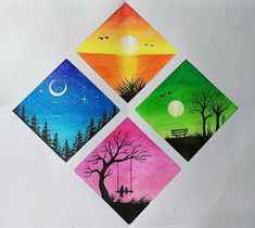 four square paintings with trees and a bench in the middle one has a moon, tree, and two have stars on it