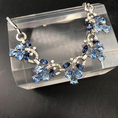 "In excellent condition, no defects Pave studded Rhinestone Sparkling Necklace Signed Trifari 14\" long Locking clasp all original" Blue Rhinestone Necklaces For Evening, Blue Rhinestone Necklace For Evening, Elegant Blue Rhinestone Necklace For Formal Occasions, Blue Jeweled Jewelry For Evening, Formal Sapphire Jewelry With Rhinestones, Elegant Blue Rhinestone Necklace With Sparkling Stones, Blue Evening Necklaces With Sparkling Stones, Evening Blue Necklaces With Sparkling Stones, Blue Necklaces With Sparkling Stones For Evening