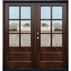 two brown double doors with glass on each side and the same one in between them