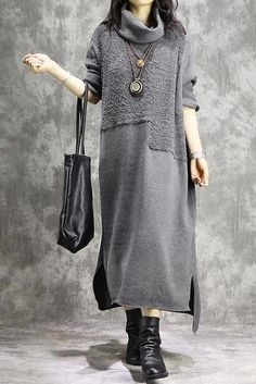 Oversized Gray V-neck Dress, Casual Gray Long Sleeve Dress, Gray Long Dress For Fall, Long Gray Dress For Fall, Oversized Gray Fall Dress, Gray Stretch Long Sleeve Dress, Gray Long Sleeve Stretch Dress, Gray Cotton Winter Dress, High Neck Long Dress