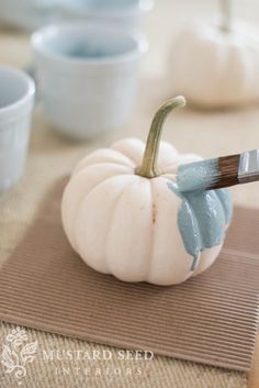 a white pumpkin sitting on top of a table with a brush in it's mouth