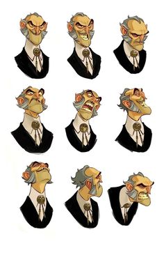 twelve cartoon heads of an old man in black suit and tie with different facial expressions