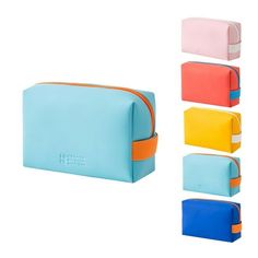 four different colors of toiletry bags in various sizes and shapes, including blue, pink, yellow, orange, green, white