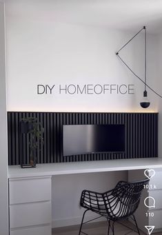 a white desk with a black chair and a tv on it's wall that says diy homeoffice