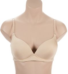 Wire-free push up bra provides an everyday style that offers both comfort and lift. Seamless, contour wireless cups have medium, graduated padding for an uplifted look. Fabric taping sewn underneath cups mimics underwire for support. Wide, arched center panel. Plunging neckline will not appear under your favorite low cut top or dress. Lustrous microfiber knit adds a touch of comfort. Seamed sides and back have covered elastic sewn along the edges for close fit. Shiny elastic straps with restrict Beige Full Coverage Padded Bra, Beige Padded Full Coverage Bra, Seamless Push-up Nursing Bra, Push-up Nursing Bra With Padded Cups In Beige, Low-cut Solid Nursing Bra With Medium Bust Support, Contoured Push-up Bra With Padded Cups, Low-cut Padded Nursing Bra, Beige Push-up Nursing Bra With Padded Cups, Solid Color Low-cut Padded Nursing Bra