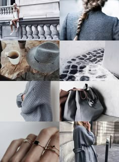 a collage of photos with different styles of clothing and accessories, including a woman's hand holding a coffee cup