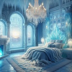 an icy bedroom with chandelier, fireplace and bed in the middle of it