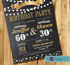 this is an image of a black and gold birthday party card with string lights on it