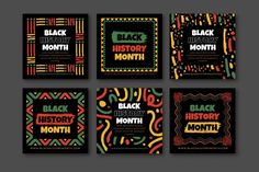 four black history month cards with different colors and patterns on the front, one has an image