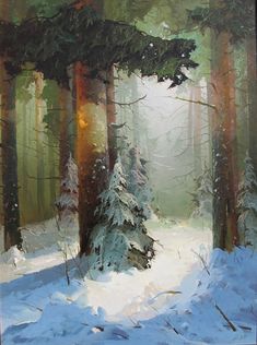 a painting of snow covered trees in a forest with sun shining through the trees,