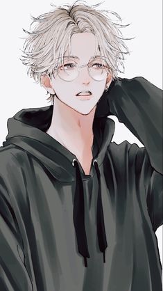 an anime character wearing glasses and a black hoodie is posing for the camera with his hand on his head