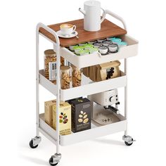 a kitchen cart with coffee cups, cookies and other items on the top shelf in front of it