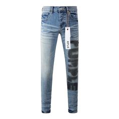 Premium Brand PRPL Roca Jeans P010 - fashionupstore1 Light Blue Ripped Jeans, Decoration Logo, Print Letters, Blue Ripped Jeans, Purple Jeans, Summer Streetwear, Premium Brand, Pants Fabric, Logo Pattern