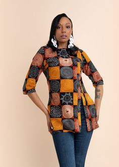 ankara top, African top, summer top, work clothing, tops for work, African clothes, african designs Fitted Brown Cotton Blouse, Fitted Orange Tops For Work, Fitted Orange Blouse For Fall, Fitted Blouse With 3/4 Sleeves For Fall, Tops Ankara, African Clothes For Women, African Print Top, Ankara Tops, African Tops