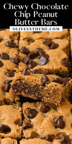 chewy chocolate chip peanut butter bars stacked on top of each other with text overlay