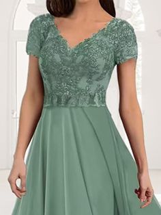 Women's Short Sleeve Summer Plain Lace Chiffon V Neck Tea Party Wedding Guest Mother of the Bride Elegant Maxi Formal A-Line Dress Green Purple Blue | justfashionnow Elegant Dresses For Wedding Guest, Lace Wedding Guest Dress, Bride Elegant, Chiffon Lace Dress, Three Quarter Sleeve Dresses, Tea Party Wedding, Mother Of Groom Dresses, Lace Chiffon, Fit Dress