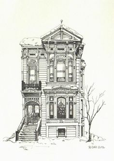 a drawing of an old house with stairs