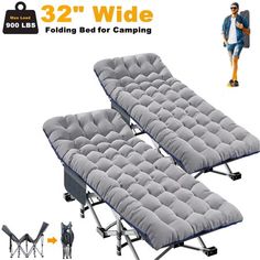 two folding bed for camping with wheels and footrests in grey color, set of 2