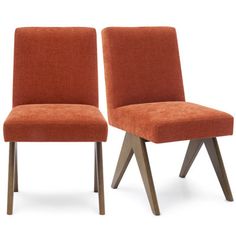 two orange chairs sitting side by side on a white background, one is upholstered and the other has wood legs