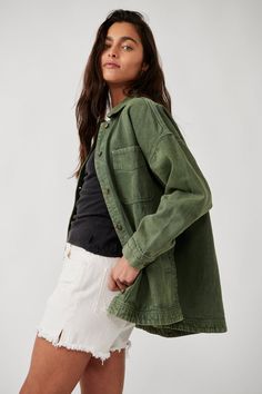 The perfect oversized transitional jacket. Beautifully dyed and hinted with side slits, this workwear-inspired twill jacket is the one to count on throughout the in-between seasons. Features spread collar, functional buttons and front pockets. Imported 100% Cotton Machine Washable, Tumble Dry Fits True to Size Green Denim Jacket Outfits, Lazy Fashion, Transitional Jacket, Jacket Details, Visual Search, Twill Jacket, Workwear Jacket, Oversized Denim Jacket, Faux Leather Skirt