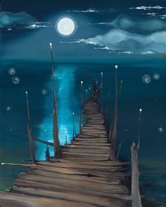 a painting of a pier at night with the moon in the sky