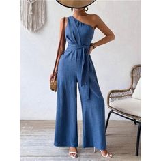 -Item Id 34018855 -Details: Belted, Pocket -Neckline: Asymmetrical Neck -Style: Casual -Waist Line: High Waist -Color: Blue -Pattern Type: Plain -Type: Other -Sleeve Length: Sleeveless -Length: Long -Fit Type: Regular Fit -Fabric: Non-Stretch -Material: Woven Fabric -Composition: 100% Polyester -Care Instructions: Machine Wash Or Professional Dry Clean -Body: Unlined -Sheer: No **Open To Offers!!!** **Bundle To Save More** **30% Off Bundles Of 2 Or More Items!!** ***Orders Go Out Within 5-10 Bus Non-stretch Denim Jumpsuit For Summer, Chic Blue Denim Overall Jumpsuit, Wide Leg Blue Jumpsuit For Day Out, Blue Wide-leg Jumpsuits And Rompers For Day Out, Chic Blue Cotton Denim Jumpsuit, Chic Blue Denim Jumpsuit For Summer, High Waist Blue Denim Jumpsuit For Summer, Blue High-waisted Jumpsuits And Rompers For Spring, Blue High Waist Jumpsuits And Rompers For Spring