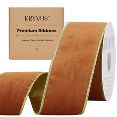 a roll of kryviss premium ribbon in brown with gold foil on it