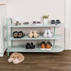 there is a shelf with several pairs of shoes on it